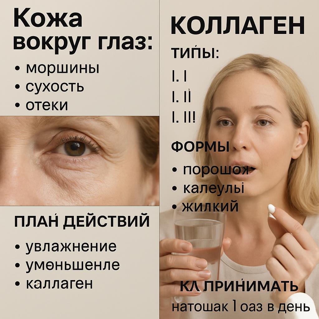 Кожа вокруг глаз: морщины, сухость, отеки — план действий и коллаген. Коллаген: типы, формы и как принимать Кожа вокруг глаз: морщины, сухость, отеки — план действий и коллаген. Коллаген: типы, формы и как принимать